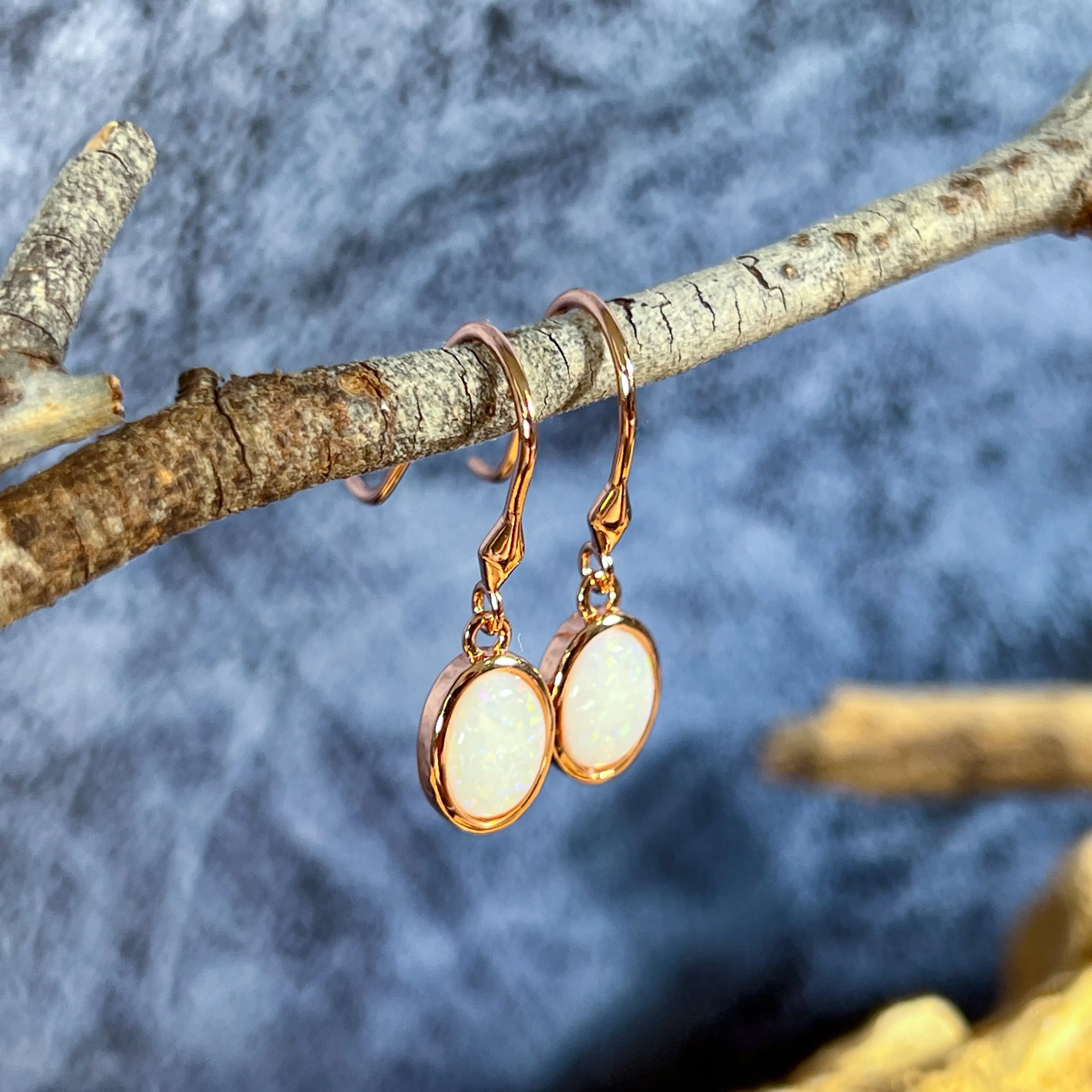 Rose Gold plated Silver danglng bezel set White Opals on hooks