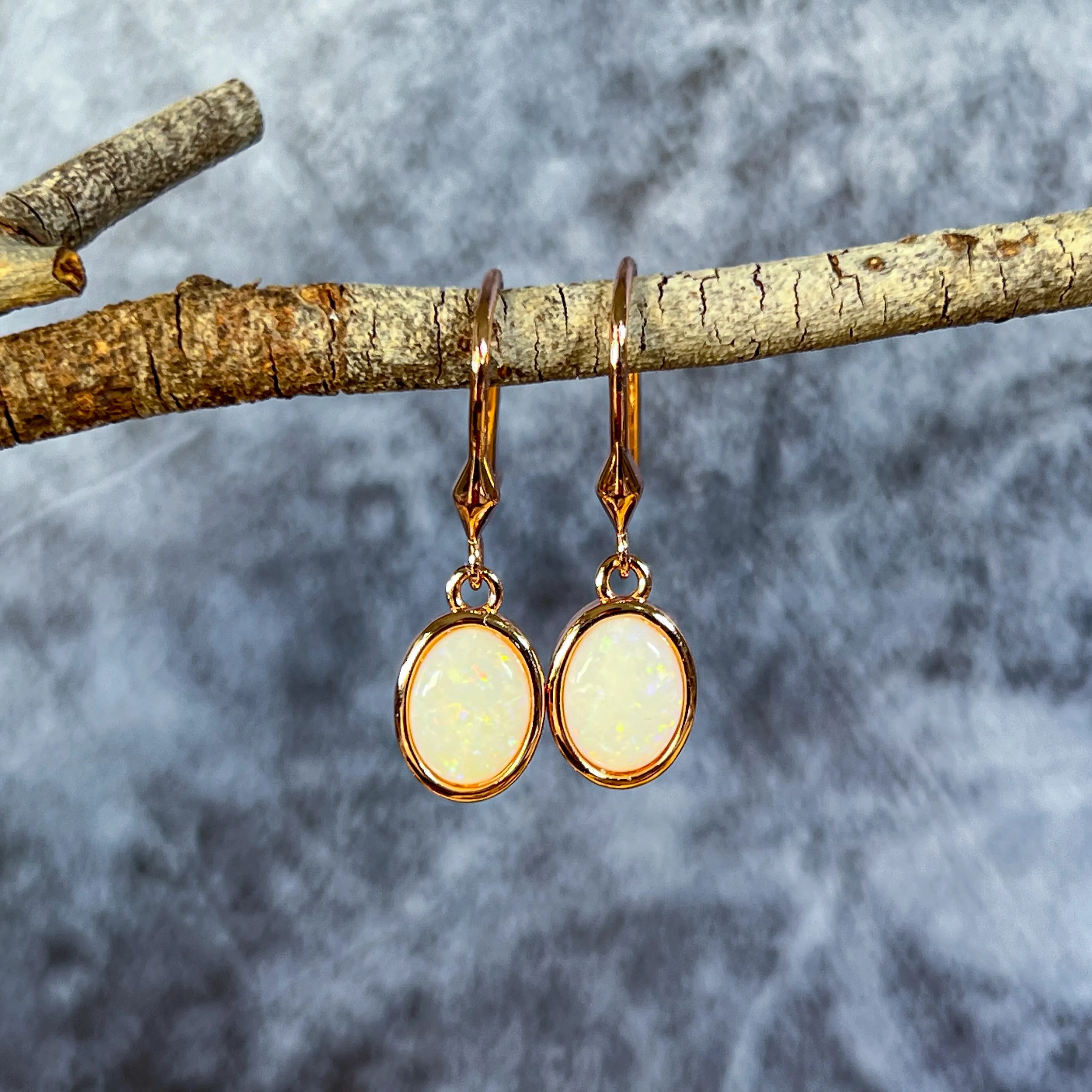 Rose Gold plated Silver danglng bezel set White Opals on hooks
