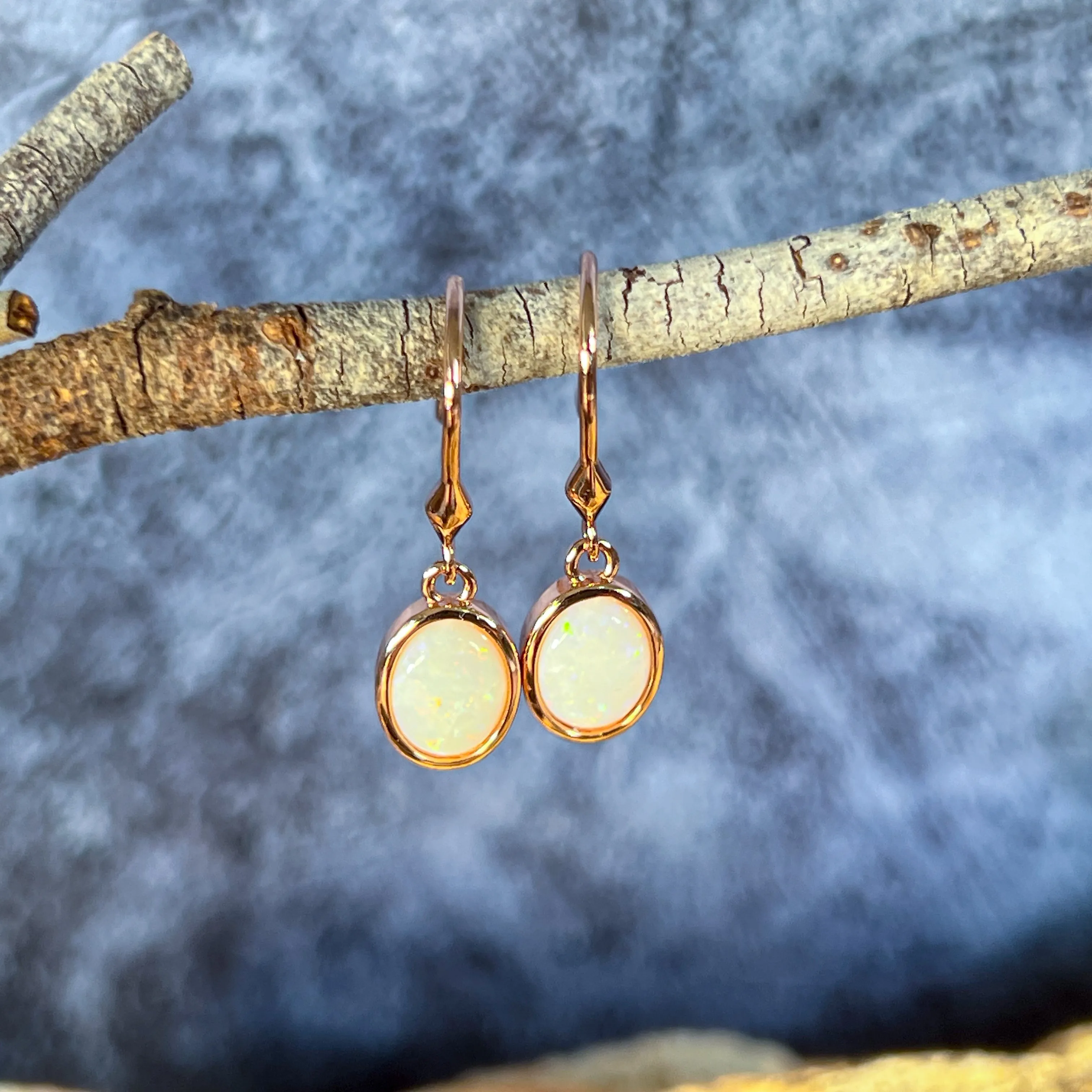 Rose Gold plated Silver danglng bezel set White Opals on hooks