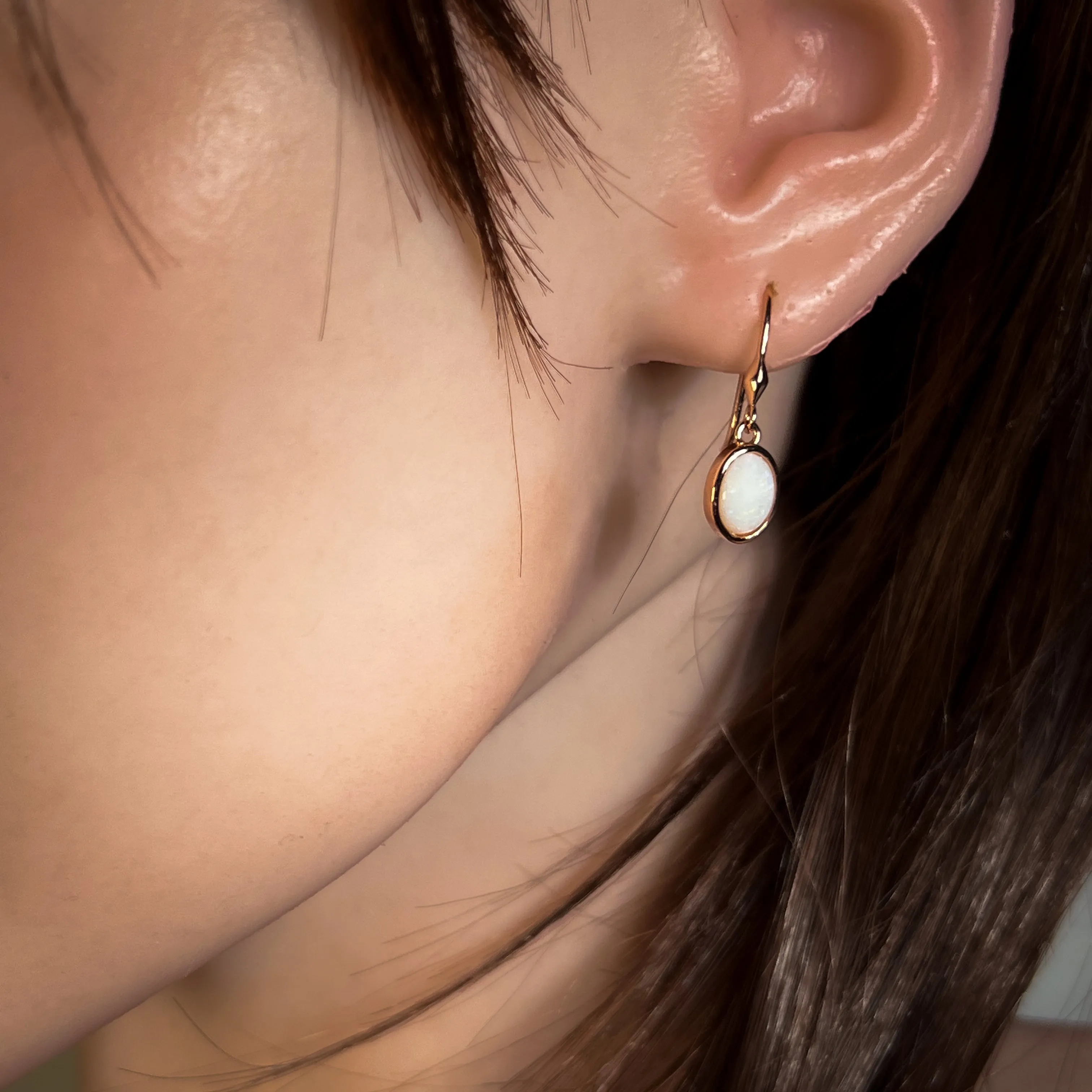 Rose Gold plated Silver danglng bezel set White Opals on hooks