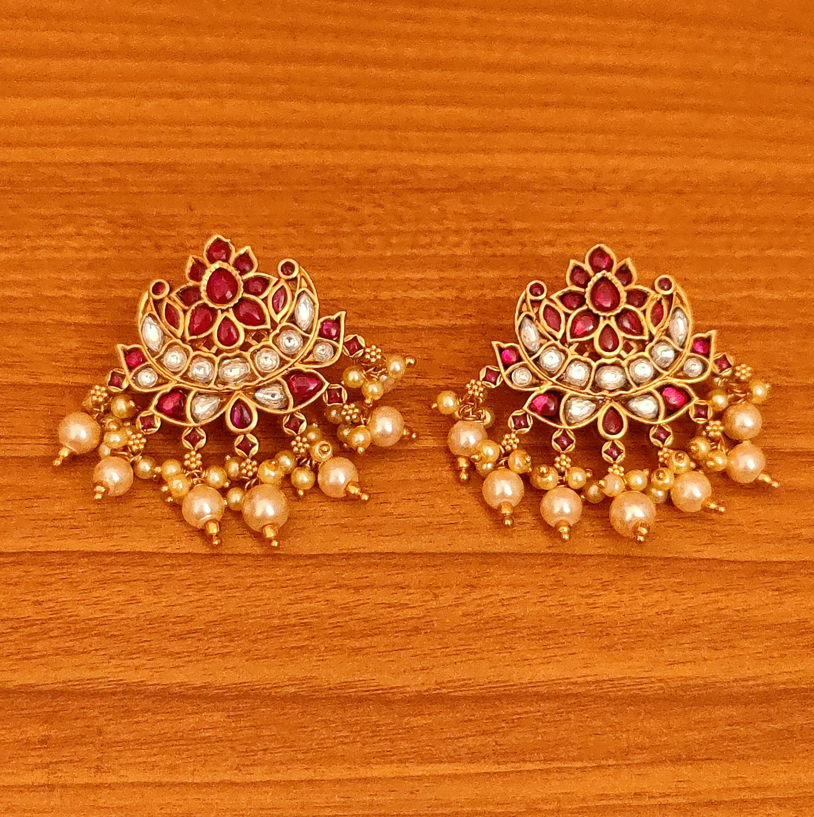 RUBY & PEARL KUNDAN LOOK REAL KEMPU STONE EARRINGS