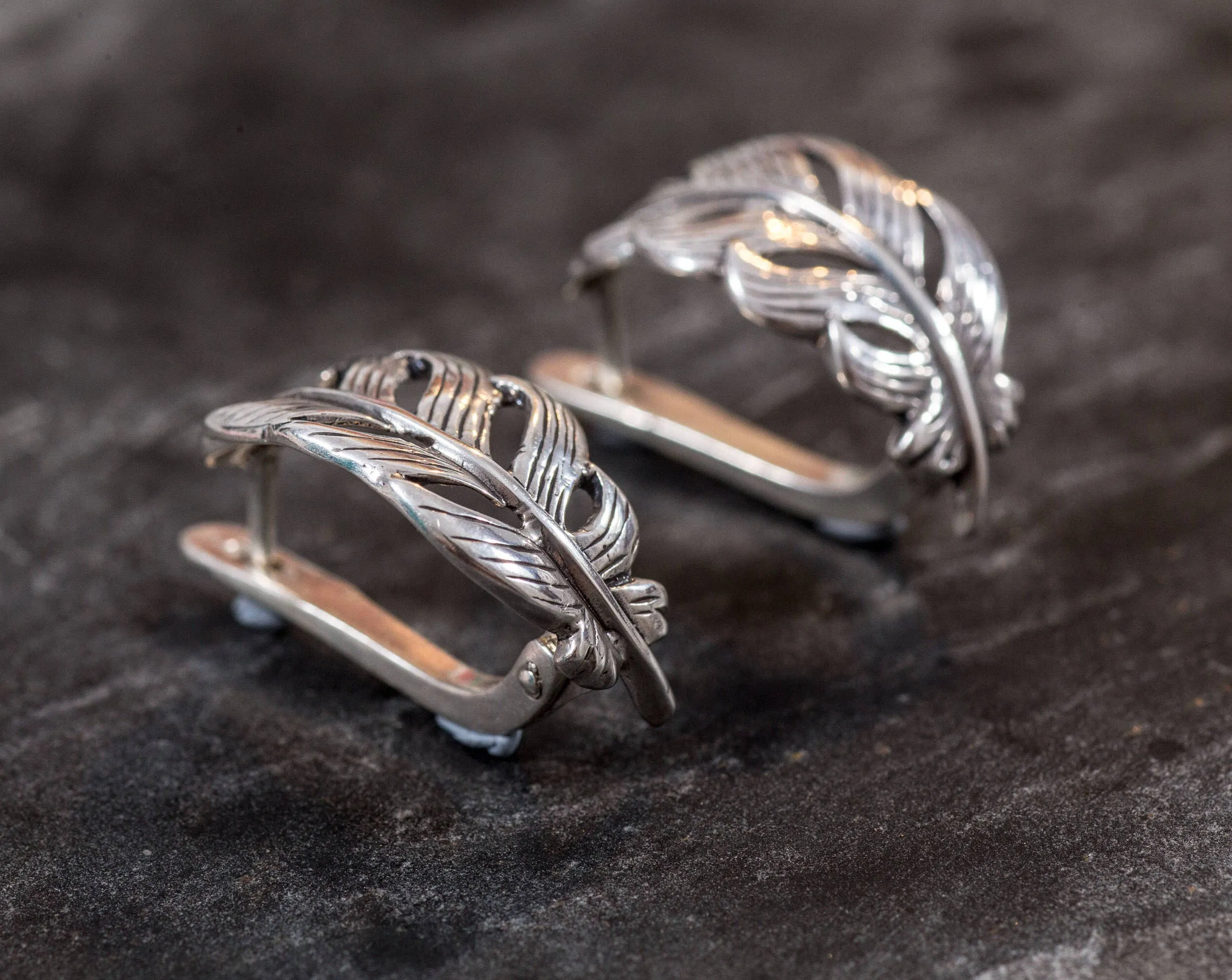Silver Leaf Earrings - Feathers Earrings - Silver Artistic Studs