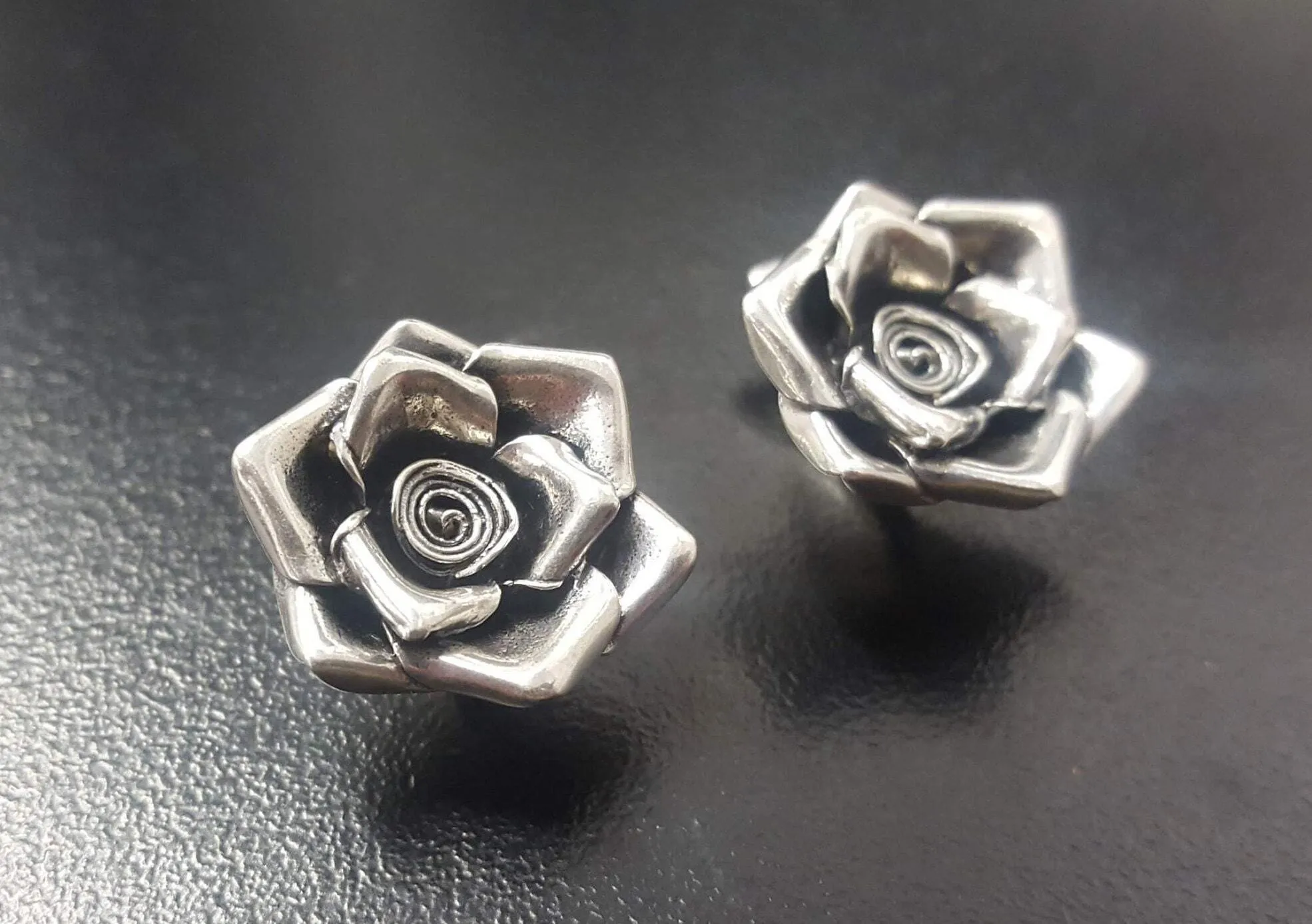 Silver Rose Earrings - Large Flower Studs - Vintage Drop Earrings