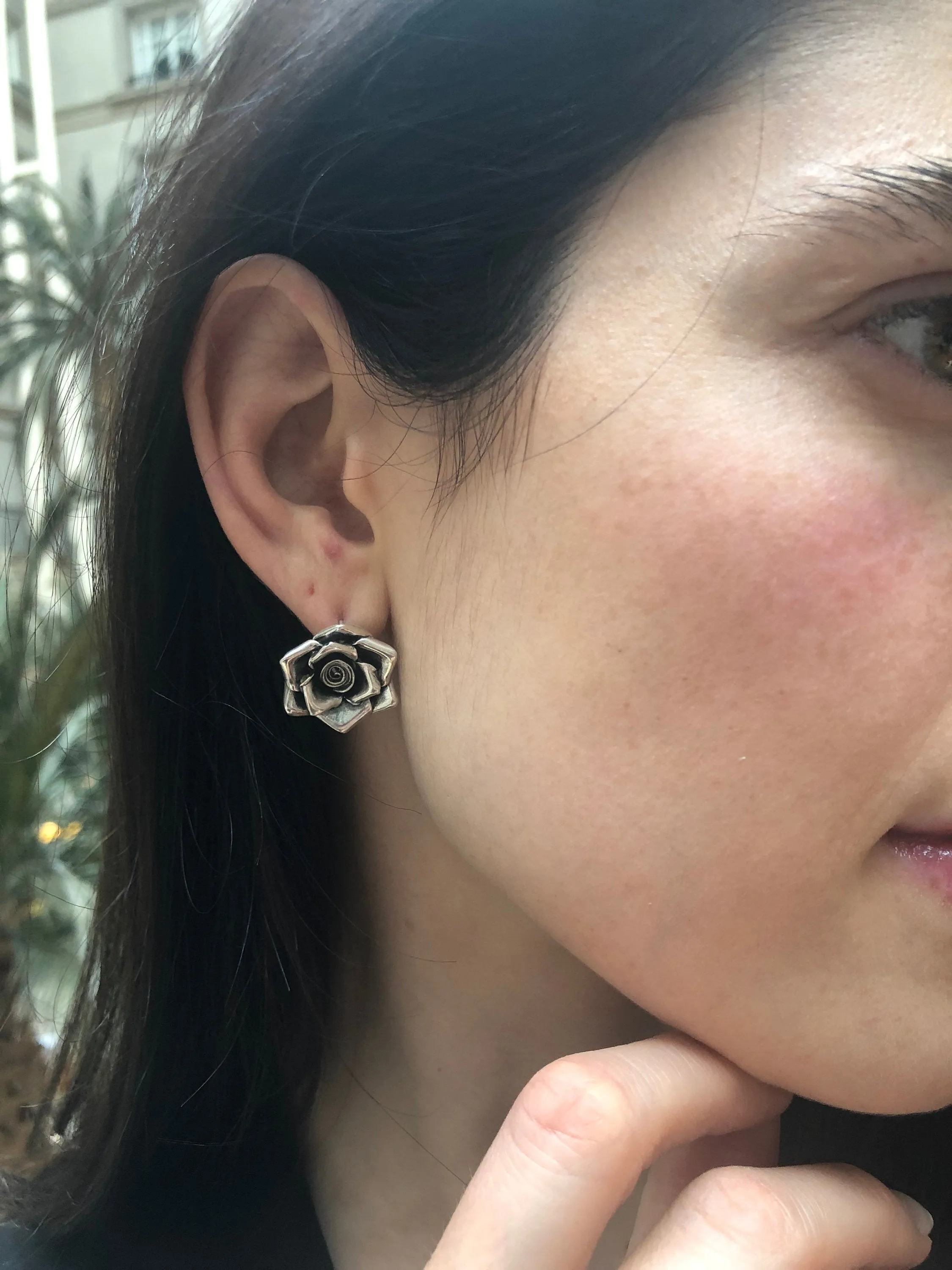 Silver Rose Earrings - Large Flower Studs - Vintage Drop Earrings