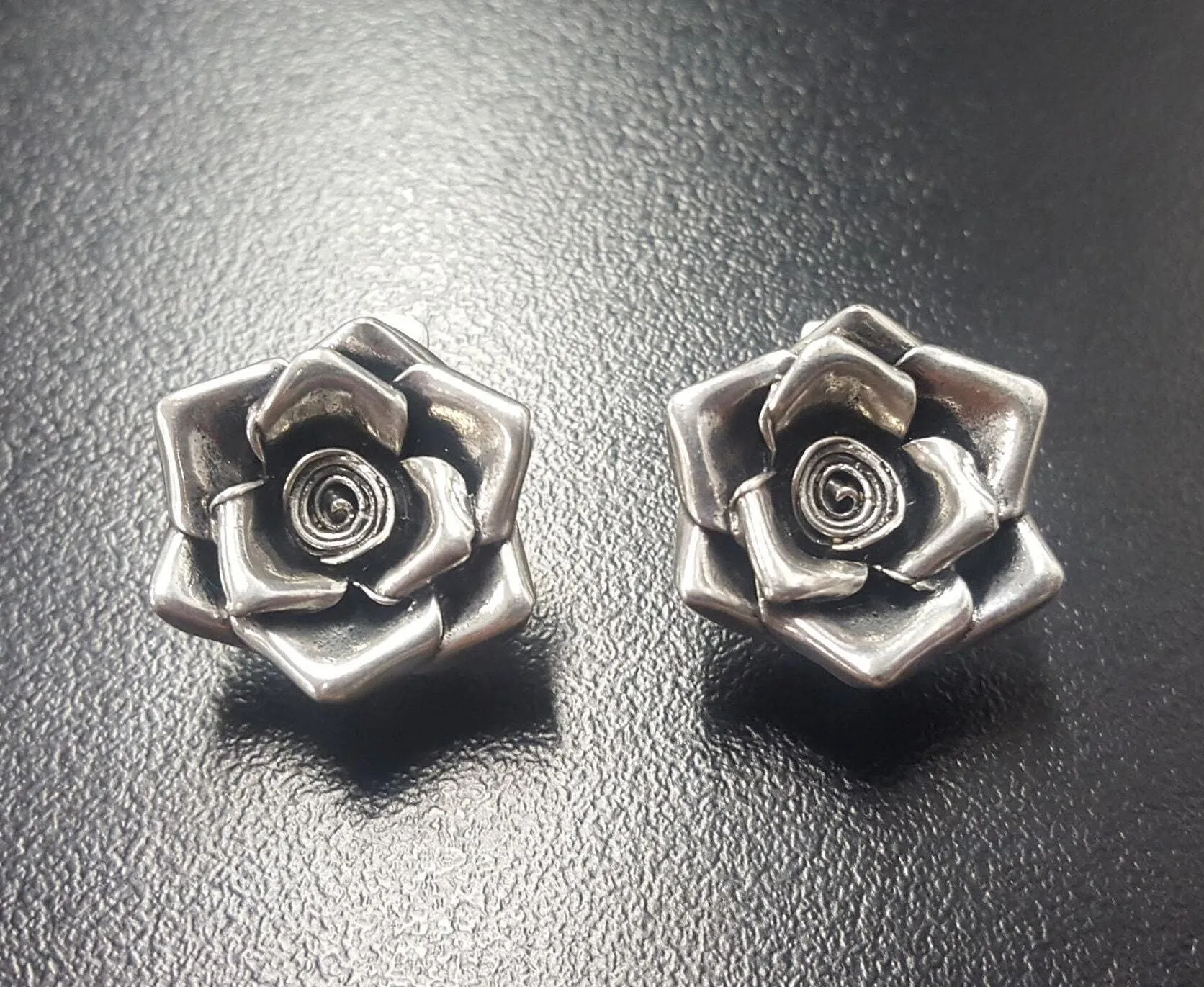 Silver Rose Earrings - Large Flower Studs - Vintage Drop Earrings