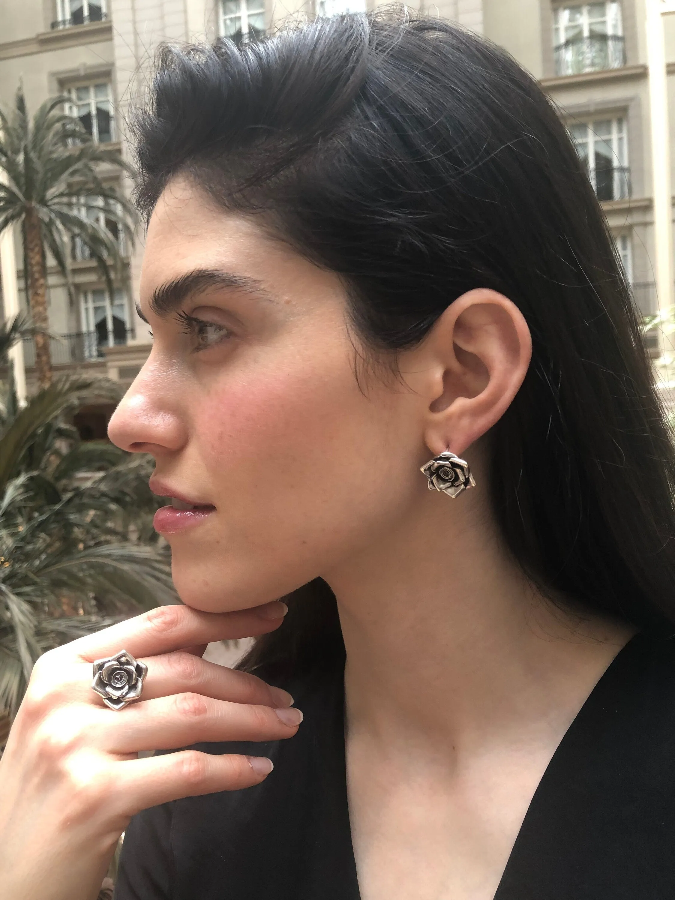 Silver Rose Earrings - Large Flower Studs - Vintage Drop Earrings