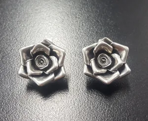 Silver Rose Earrings - Large Flower Studs - Vintage Drop Earrings