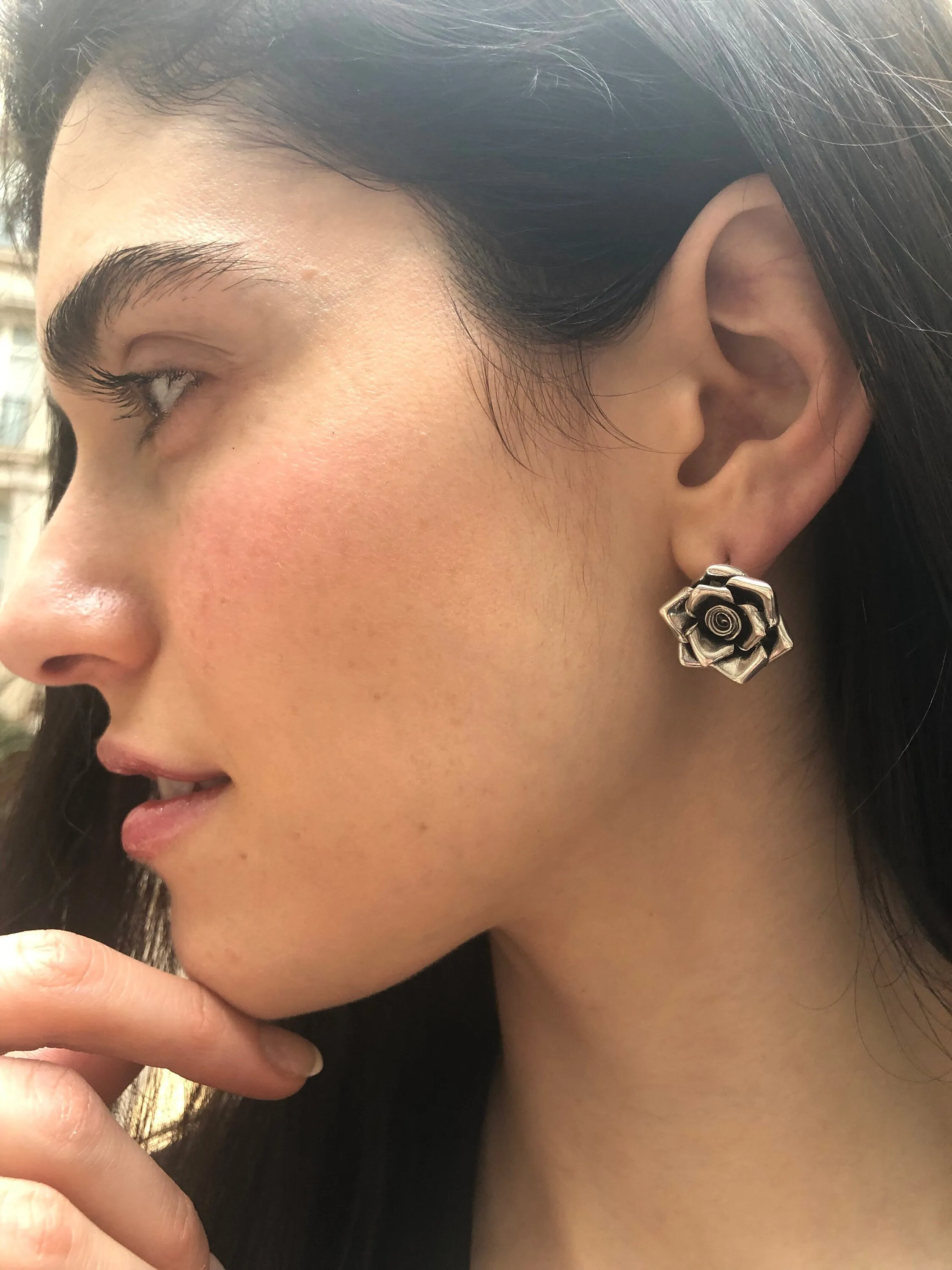 Silver Rose Earrings - Large Flower Studs - Vintage Drop Earrings