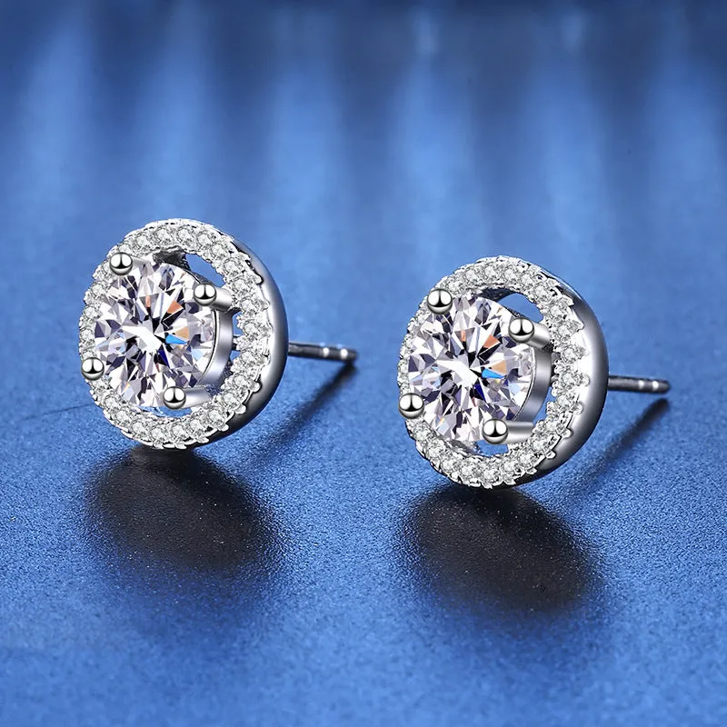 Silver Round Hollow Moissanite Stud Earrings