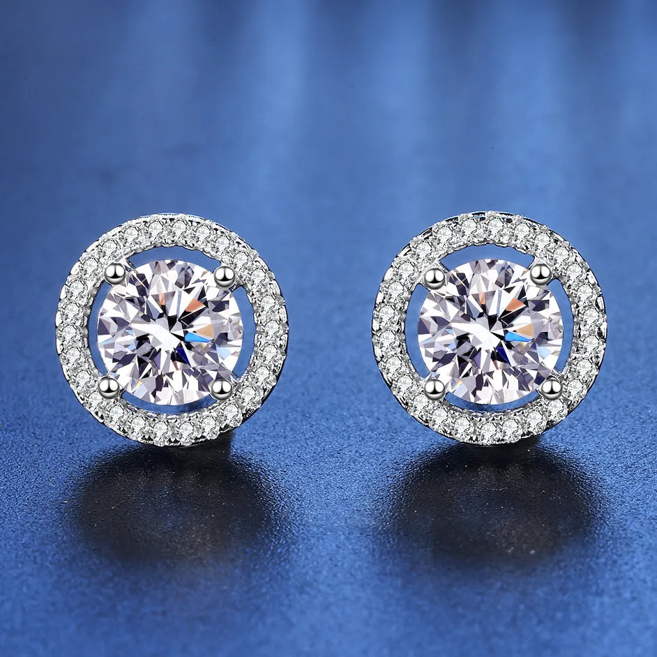 Silver Round Hollow Moissanite Stud Earrings