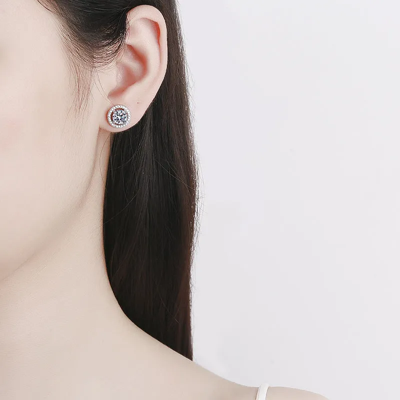 Silver Round Hollow Moissanite Stud Earrings