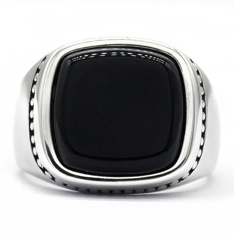 Silver Square Agate Aqeeq Black Signet Ring