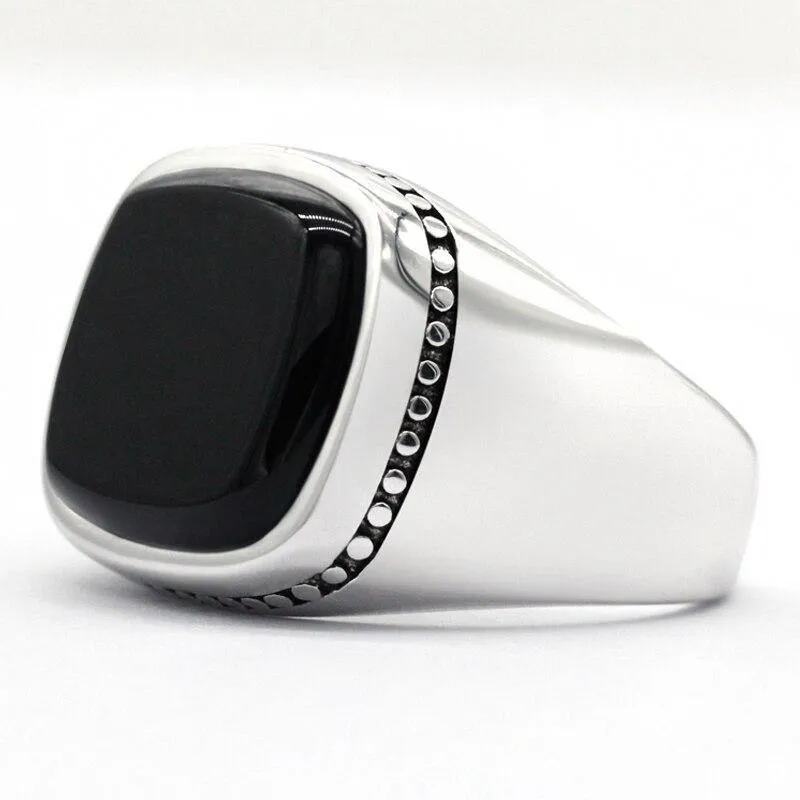 Silver Square Agate Aqeeq Black Signet Ring