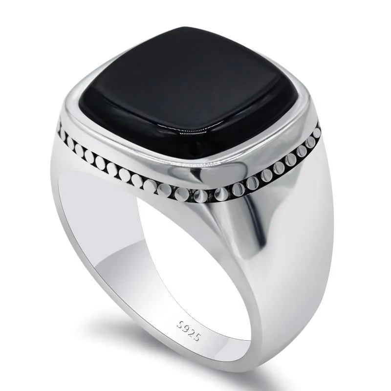 Silver Square Agate Aqeeq Black Signet Ring