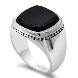 Silver Square Agate Aqeeq Black Signet Ring