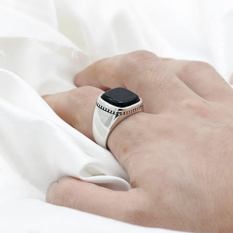 Silver Square Agate Aqeeq Black Signet Ring