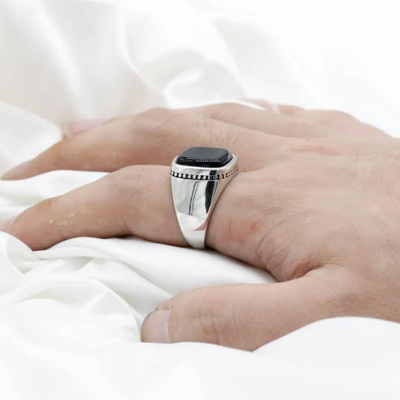Silver Square Agate Aqeeq Black Signet Ring