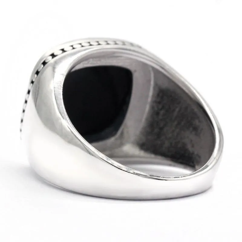 Silver Square Agate Aqeeq Black Signet Ring