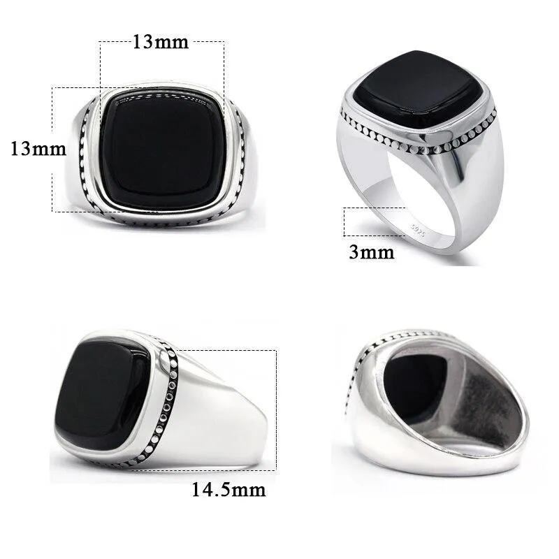 Silver Square Agate Aqeeq Black Signet Ring