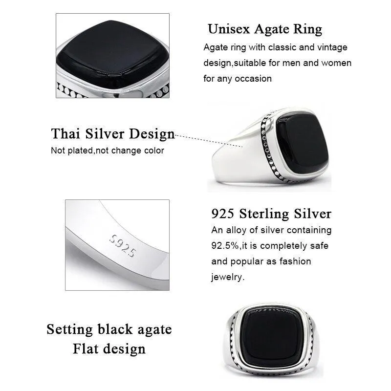 Silver Square Agate Aqeeq Black Signet Ring