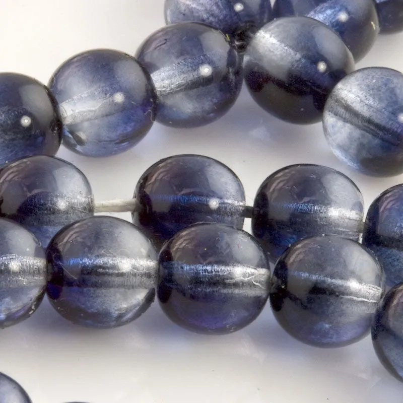 Smooth 2-tone round beads of clear crystal and dark sapphire glass. 8mm. Contemporary Czech Republic. 12 pcs. b11-bl-1191
