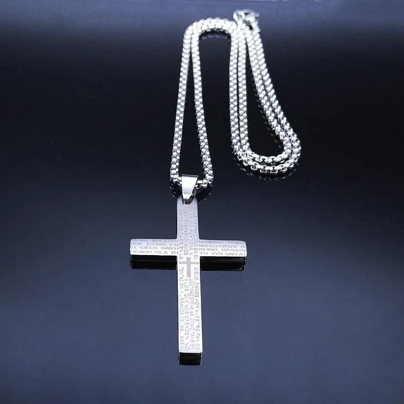 Spanish Lord's Prayer Cross Necklace Stainless Steel Religious Scripture Necklaces - Christian Gift Jewellery