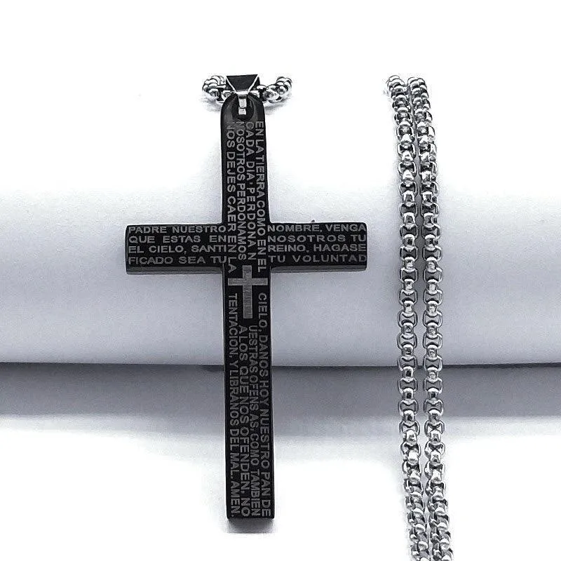 Spanish Lord's Prayer Cross Necklace Stainless Steel Religious Scripture Necklaces - Christian Gift Jewellery