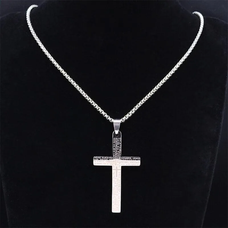 Spanish Lord's Prayer Cross Necklace Stainless Steel Religious Scripture Necklaces - Christian Gift Jewellery
