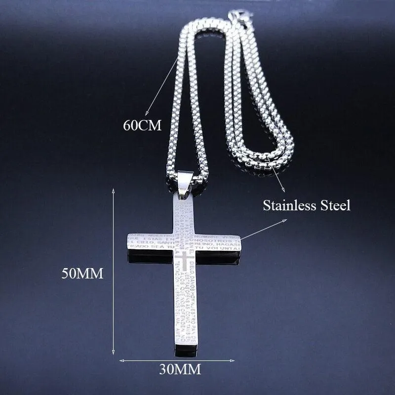 Spanish Lord's Prayer Cross Necklace Stainless Steel Religious Scripture Necklaces - Christian Gift Jewellery