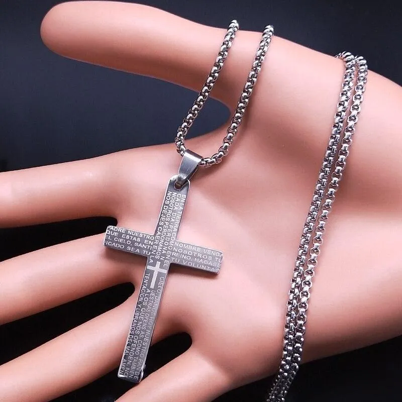 Spanish Lord's Prayer Cross Necklace Stainless Steel Religious Scripture Necklaces - Christian Gift Jewellery