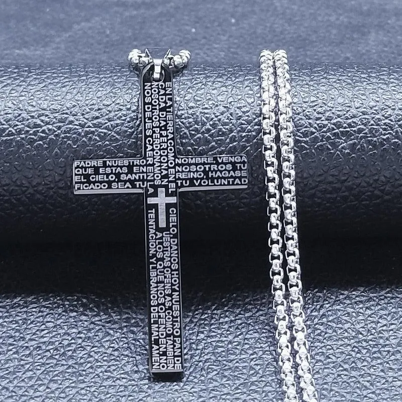 Spanish Lord's Prayer Cross Necklace Stainless Steel Religious Scripture Necklaces - Christian Gift Jewellery