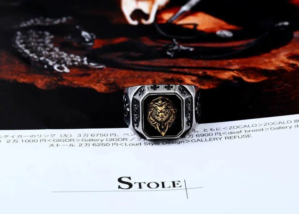 Steel Plated-Gold Lion Head Top Quality Ring
