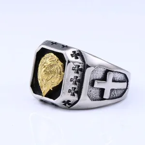 Steel Plated-Gold Lion Head Top Quality Ring