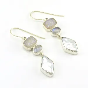 Sterling Silver Druzy Moonstone Pearl Dangle Earrings
