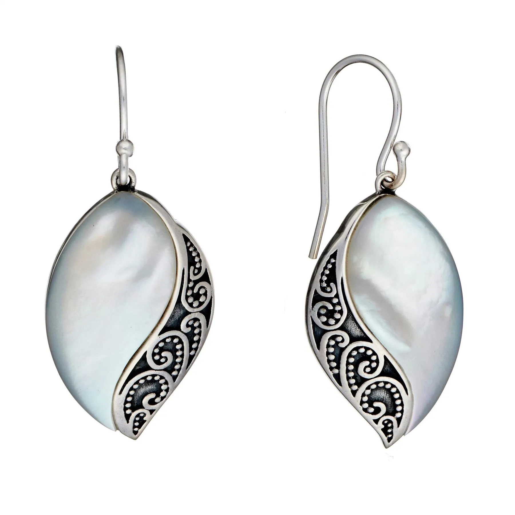 Sterling Silver Mother of Pearl Filigree Teadrop Dangle Earrings