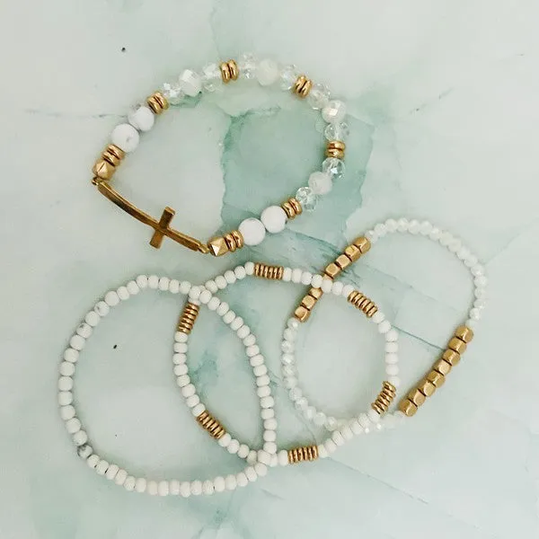 Stone and Wood Bead Cross Bracelet Set