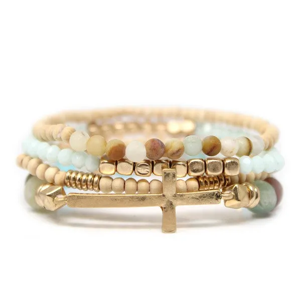 Stone and Wood Bead Cross Bracelet Set