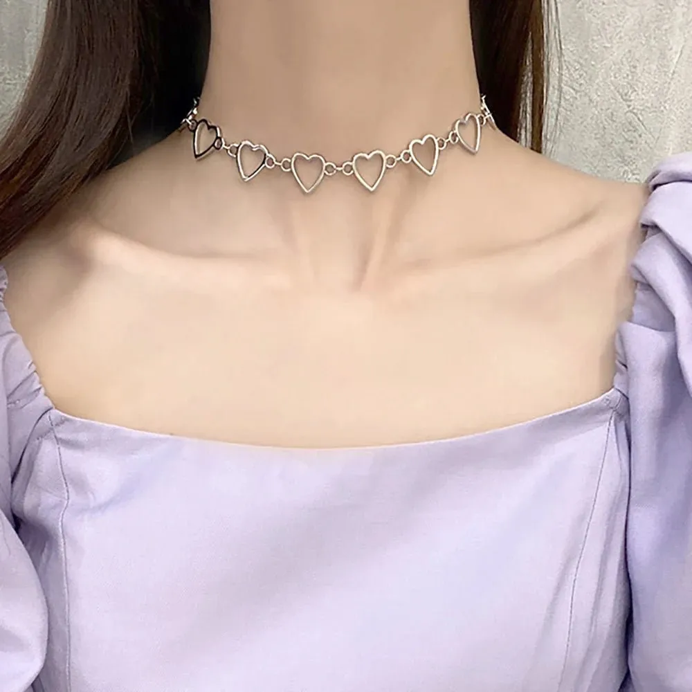 Sweet Heart Chain Collar Necklace - Cute Love Statement Accessory