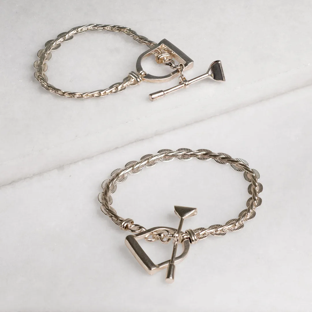 T Bar Petite Chain Stirrup Buckle Clasp Sterling Silver Plated Brass Bracelet