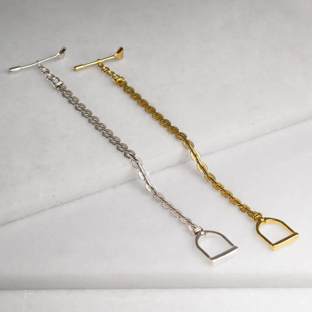 T Bar Petite Chain Stirrup Buckle Clasp Sterling Silver Plated Brass Bracelet