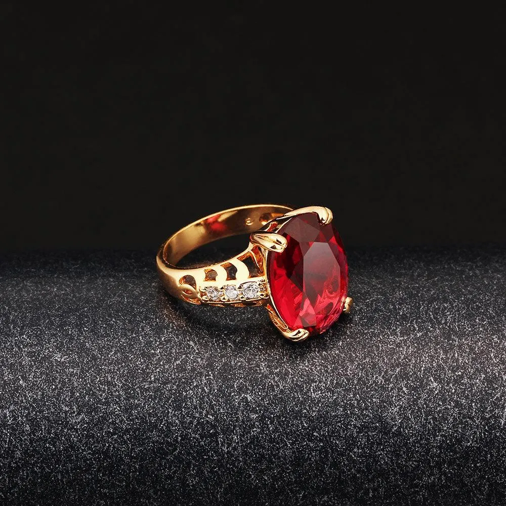 Trendy Copper Gold Color Party Rings for Women with 16mm Broadside Oval Red Stone