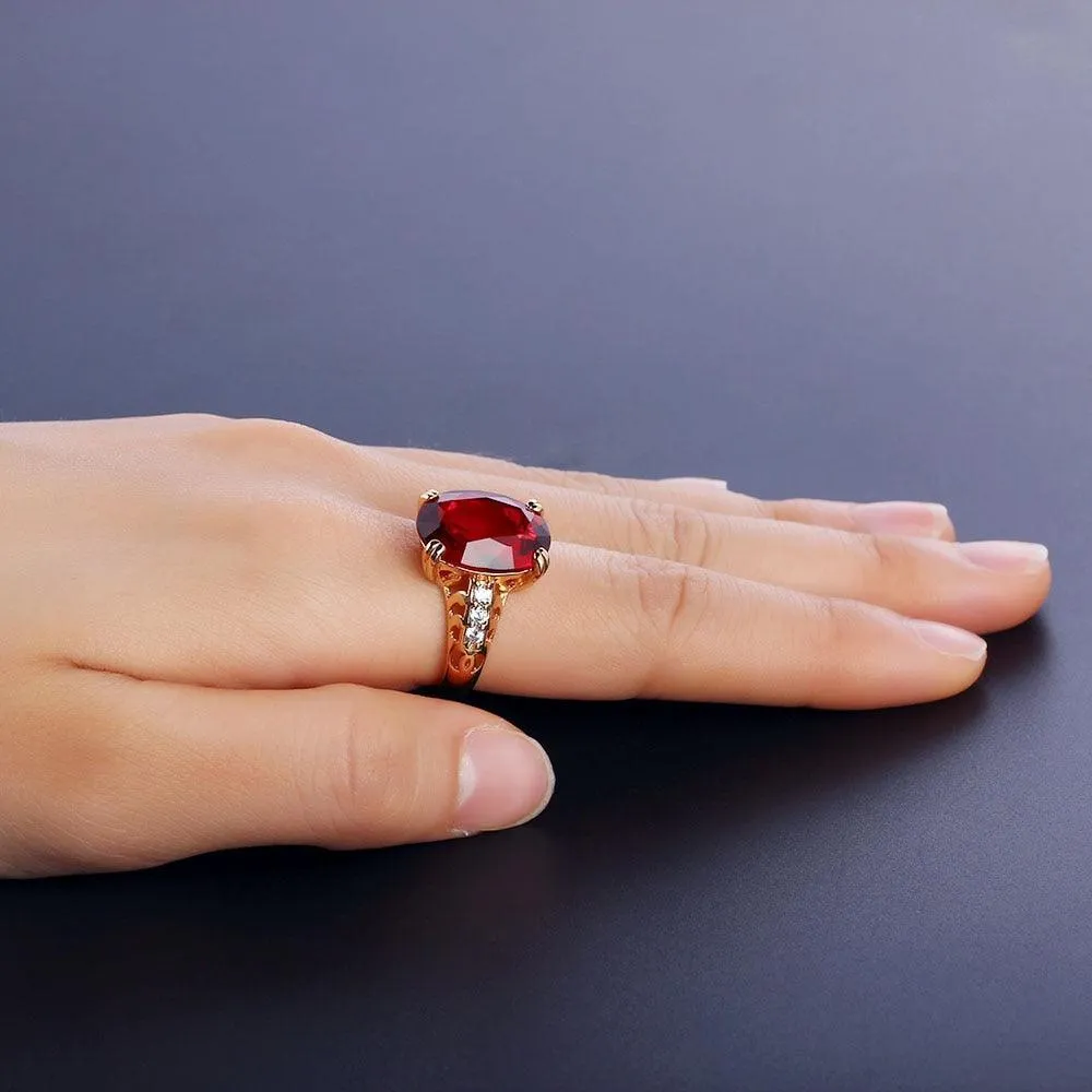 Trendy Copper Gold Color Party Rings for Women with 16mm Broadside Oval Red Stone