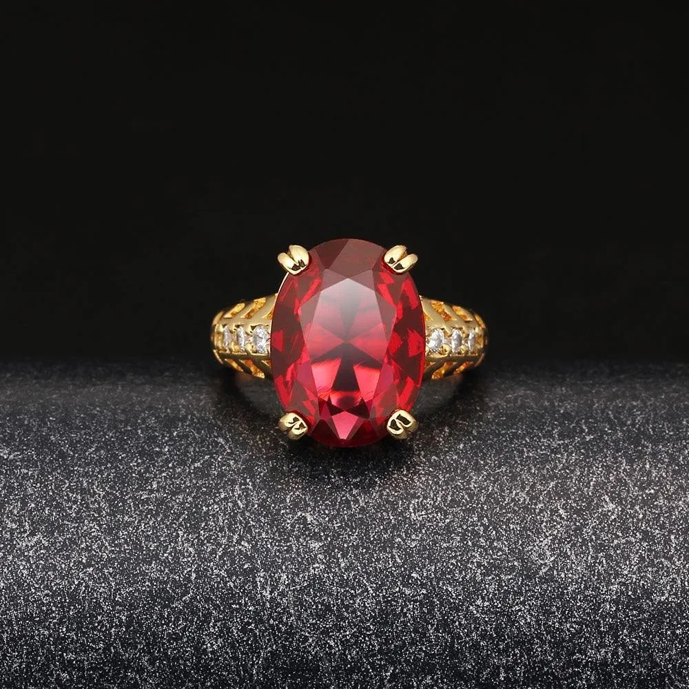 Trendy Copper Gold Color Party Rings for Women with 16mm Broadside Oval Red Stone