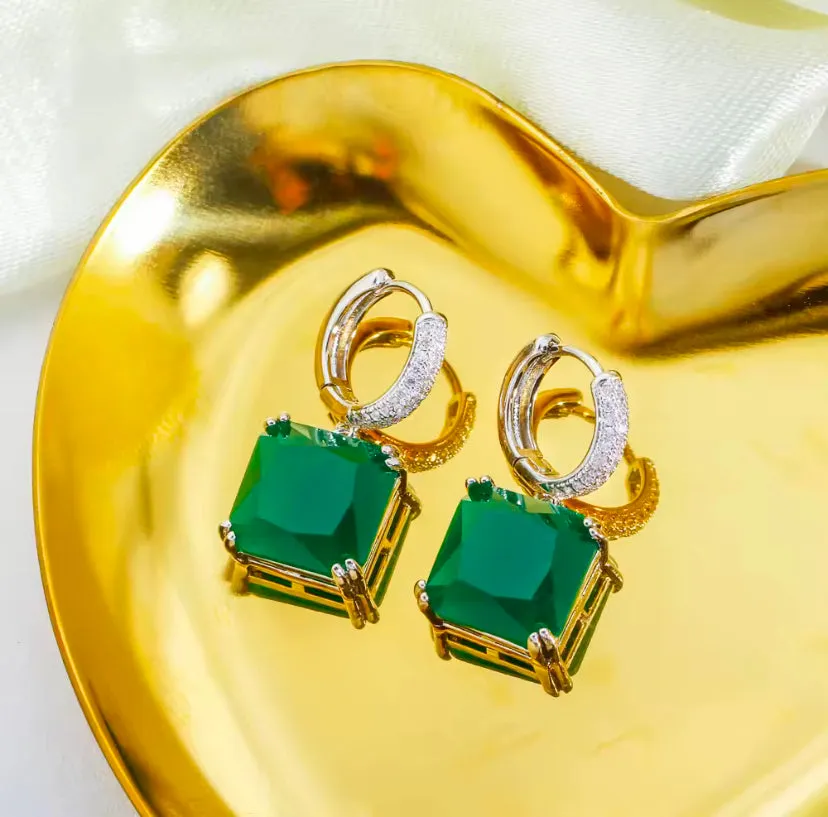 Trendy Green Big Square Cubic Zircon Drop Earrings For Women/Girls