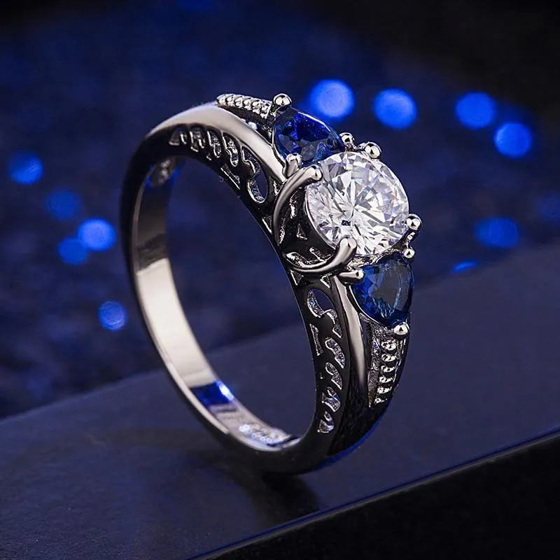 Trendy Silver AAA  CZ Diamond Sapphire Zircons Gemstones Ring