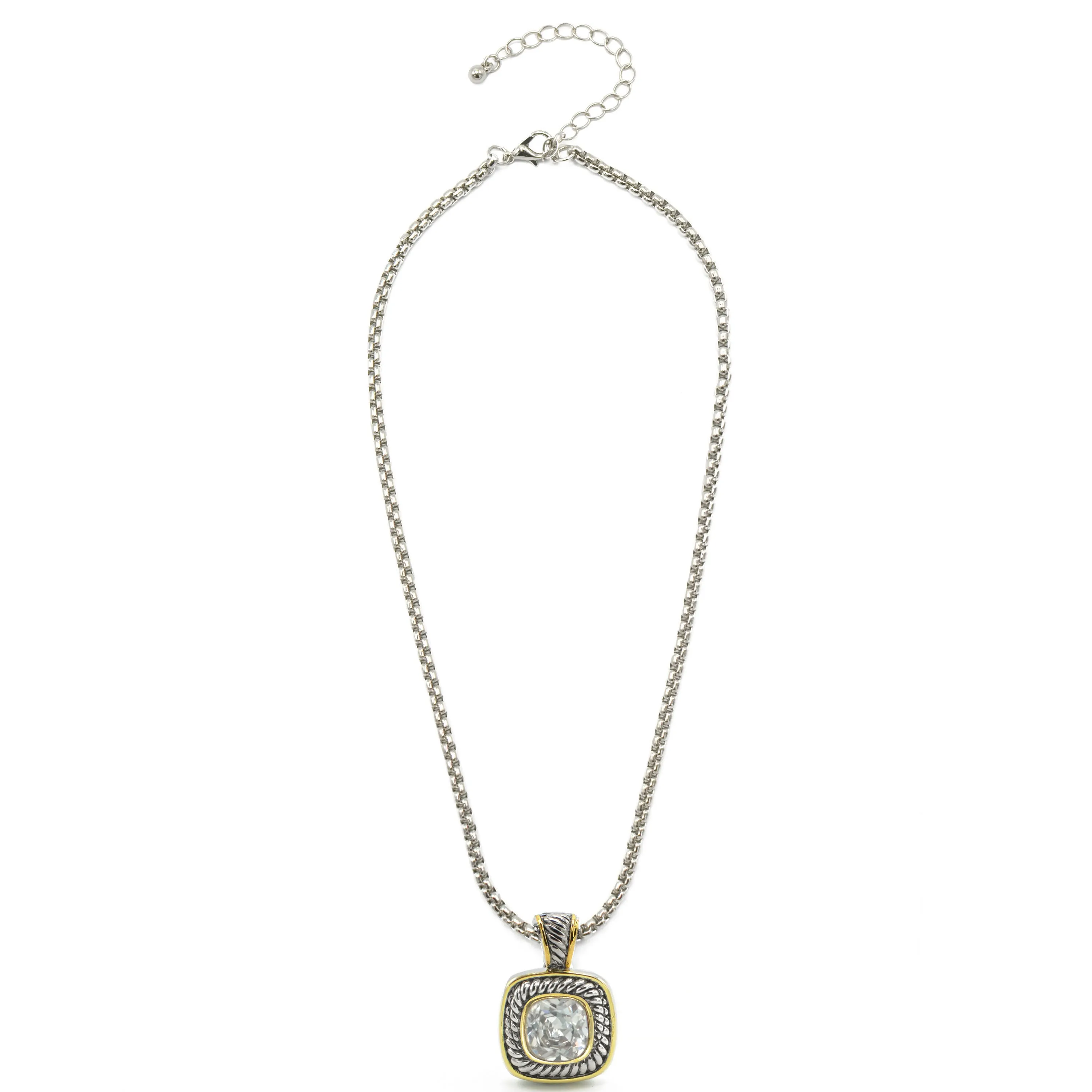 TWO-TONE CLEAR CRYSTAL SQUARE PENDANT BOX CHAIN NECKLACE #73014EH-CL(FE11)