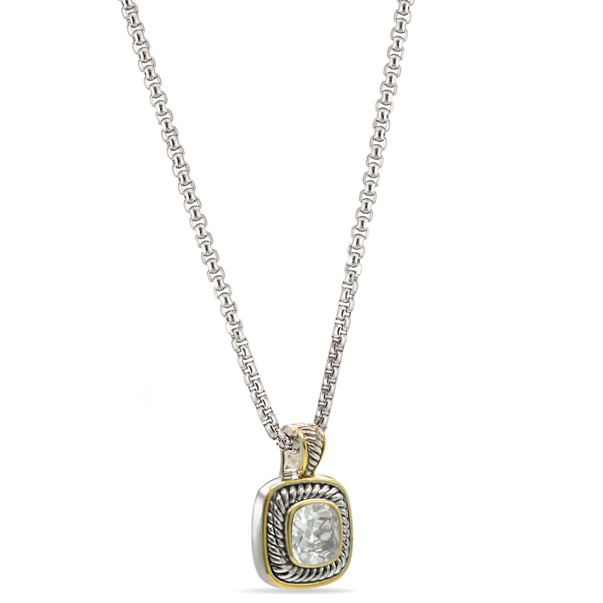 TWO-TONE CLEAR CRYSTAL SQUARE PENDANT BOX CHAIN NECKLACE #73014EH-CL(FE11)