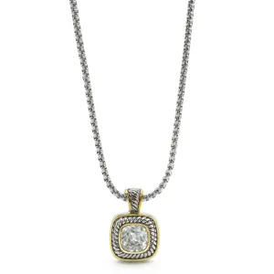 TWO-TONE CLEAR CRYSTAL SQUARE PENDANT BOX CHAIN NECKLACE #73014EH-CL(FE11)