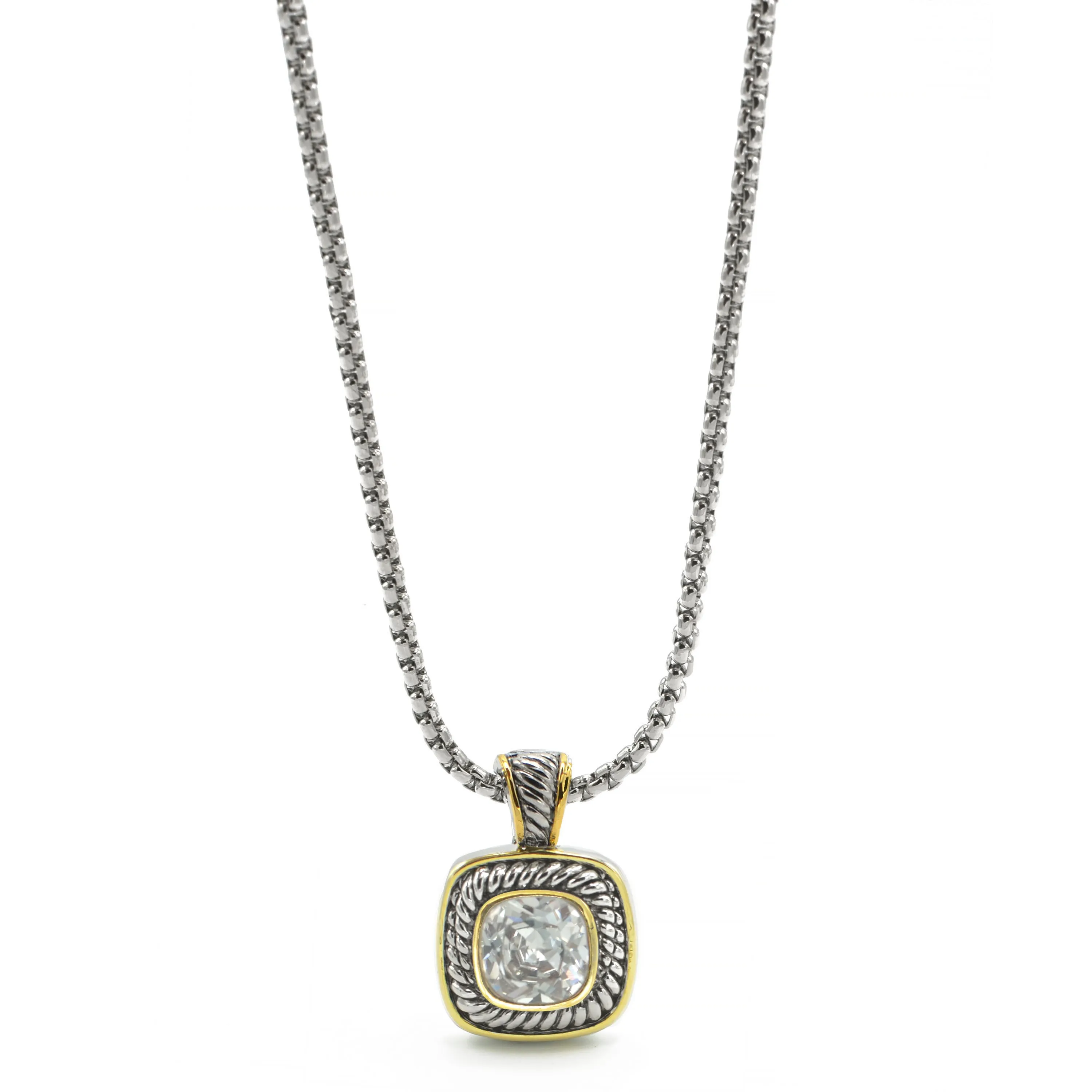 TWO-TONE CLEAR CRYSTAL SQUARE PENDANT BOX CHAIN NECKLACE #73014EH-CL(FE11)