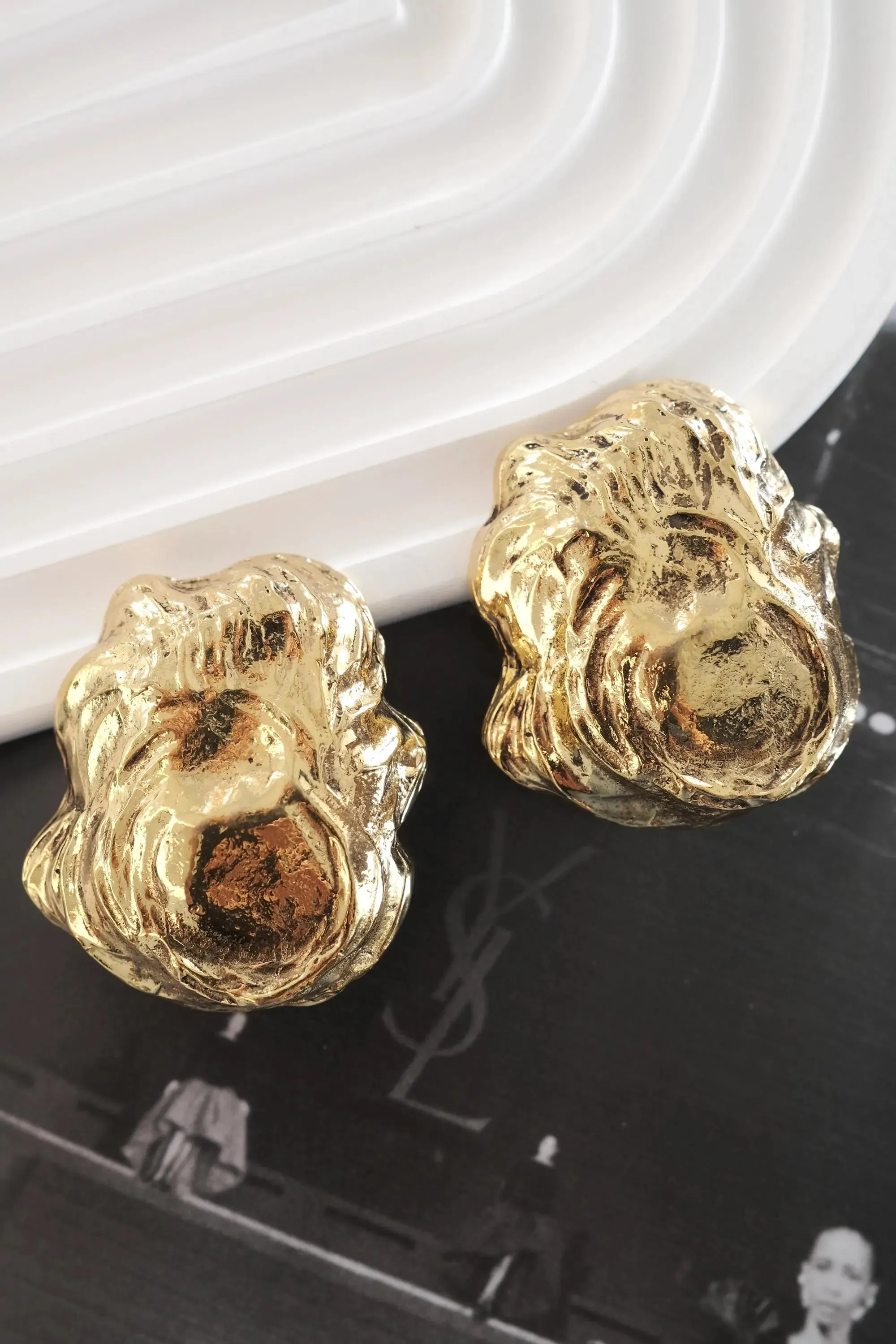 Vintage YSL Yves Saint Laurent Gold-Tone Sculptural Clip-On Earrings Statement